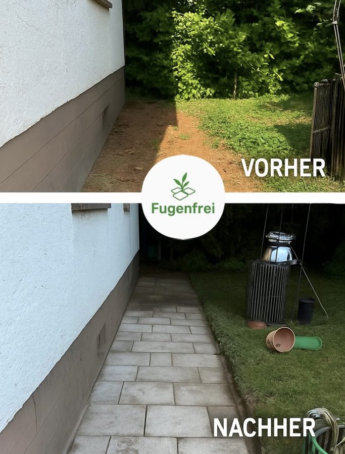 Vorher-Nachher-Vergleich: Gartenweg vor und nach der Pflasterverlegung.